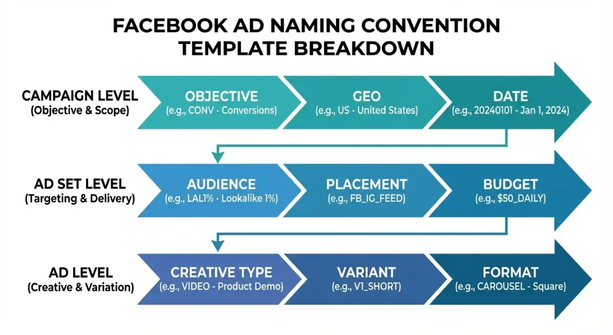 Infographic breaking down Facebook ad naming convention templates at Campaign, Ad Set, and Ad levels with example labels