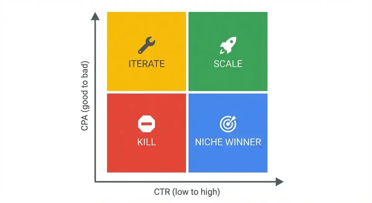 Decision matrix for creative testing showing when to scale, iterate, or kill based on CTR, CPA, and ROAS metrics