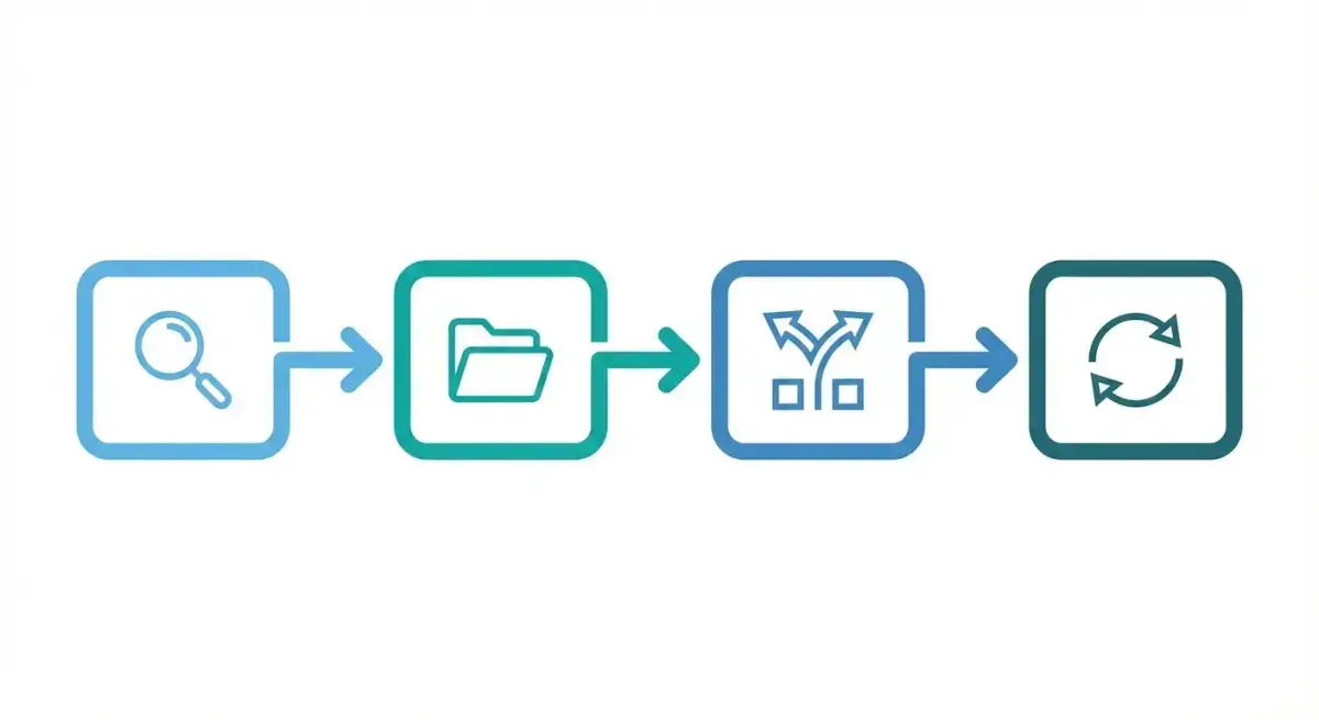 Step-by-step framework diagram for testing Facebook ad hook variations: research, categorize, draft, test, iterate
