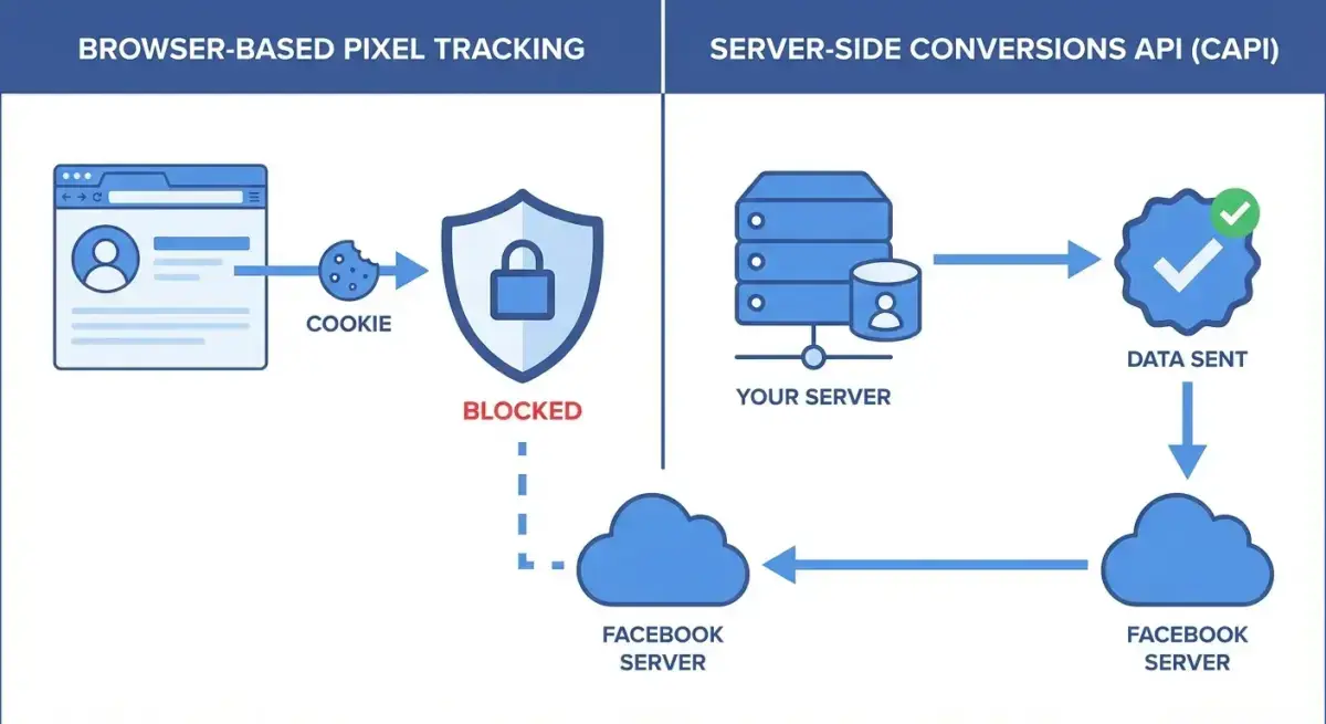 Comparison diagram showing browser-based Facebook Pixel tracking being blocked versus server-side CAPI sending data directly to Facebook