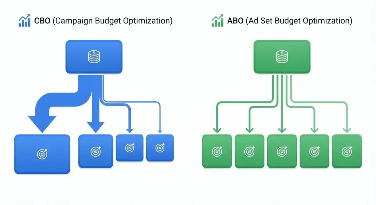 Side-by-side comparison diagram of Campaign Budget Optimization vs Ad Set Budget Optimization showing how budget flows differently in each approach