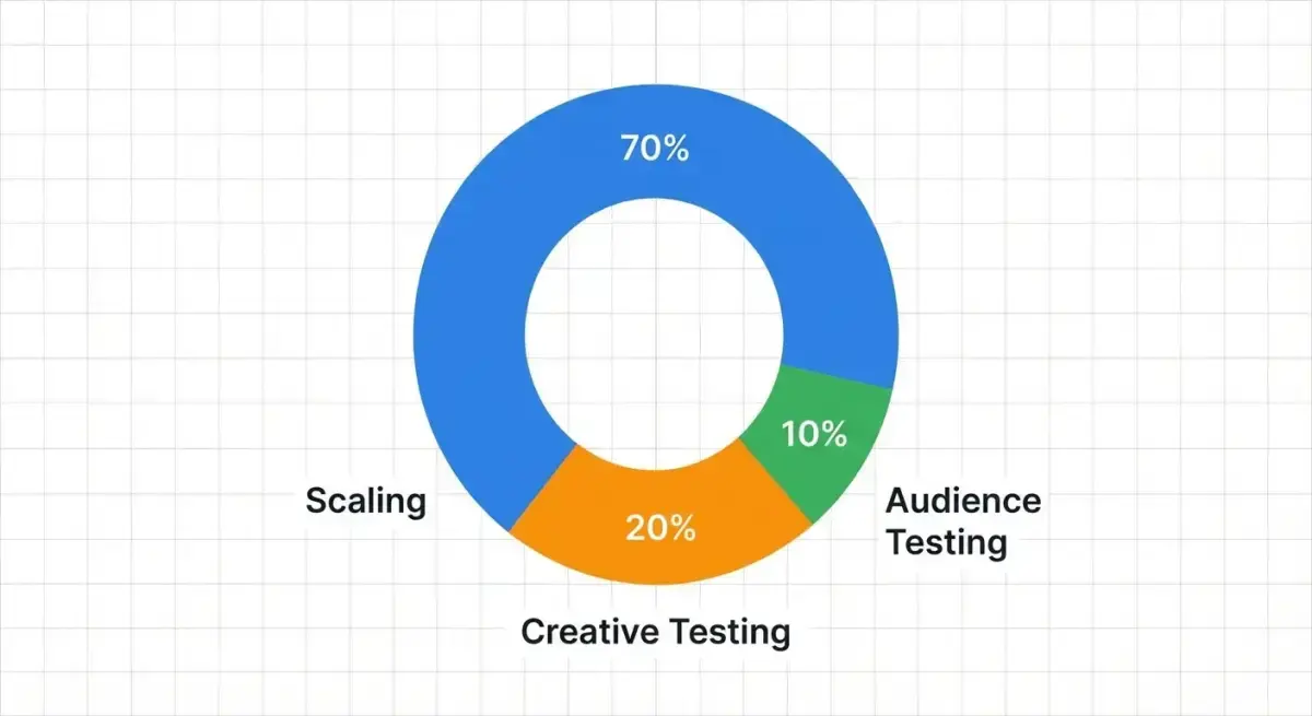 Visual framework showing the 70-20-10 budget split between scaling, creative testing, and audience testing for Facebook ads