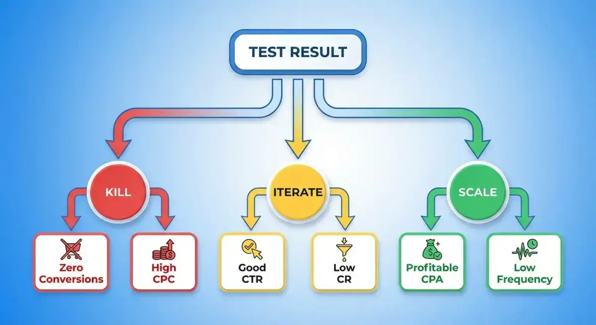 Decision tree flowchart for determining when to kill, iterate, or scale a Facebook ad test based on performance metrics