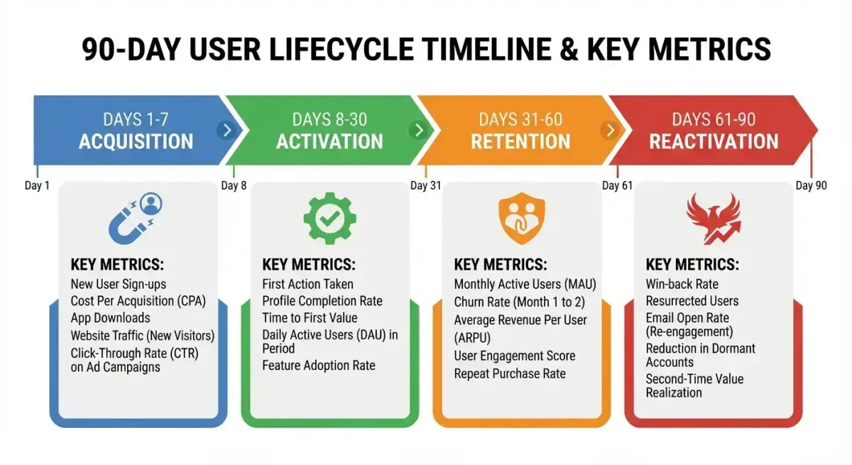 90-day LTV maximization playbook timeline showing key touchpoints across Facebook Ads and email channels