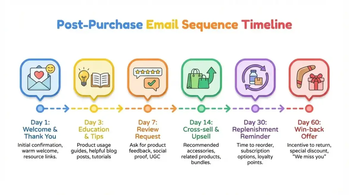 Post-purchase email sequence timeline: day 1 welcome, day 3 tips, day 7 review request, day 14 cross-sell, day 30 replenishment