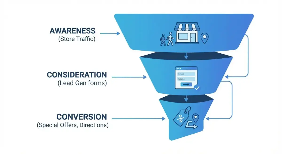 Diagram of a local business Facebook ads funnel showing Awareness, Consideration, and Conversion stages with corresponding objectives