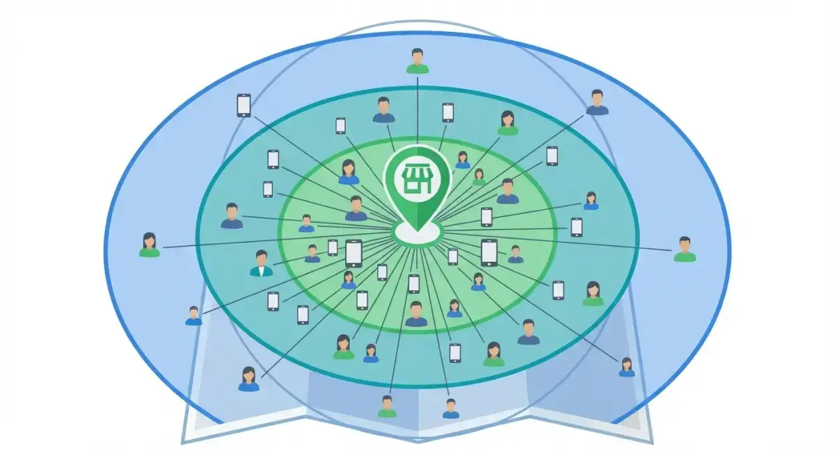 Infographic showing Facebook radius targeting with concentric circles around a local business pin on a map