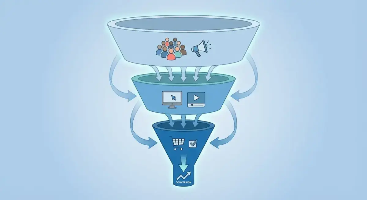 Three-stage retargeting funnel architecture diagram showing top, middle, and bottom of funnel audience segments