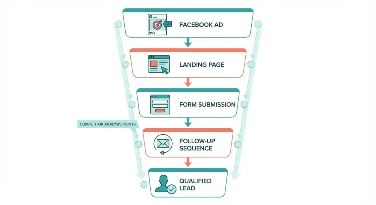 Lead generation funnel diagram showing the flow from Facebook ad to lead form to follow-up sequence with competitor analysis overlay