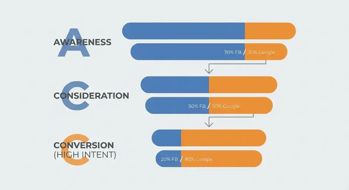 Budget allocation framework showing Google Ads dominant at bottom funnel and Facebook Ads at top funnel
