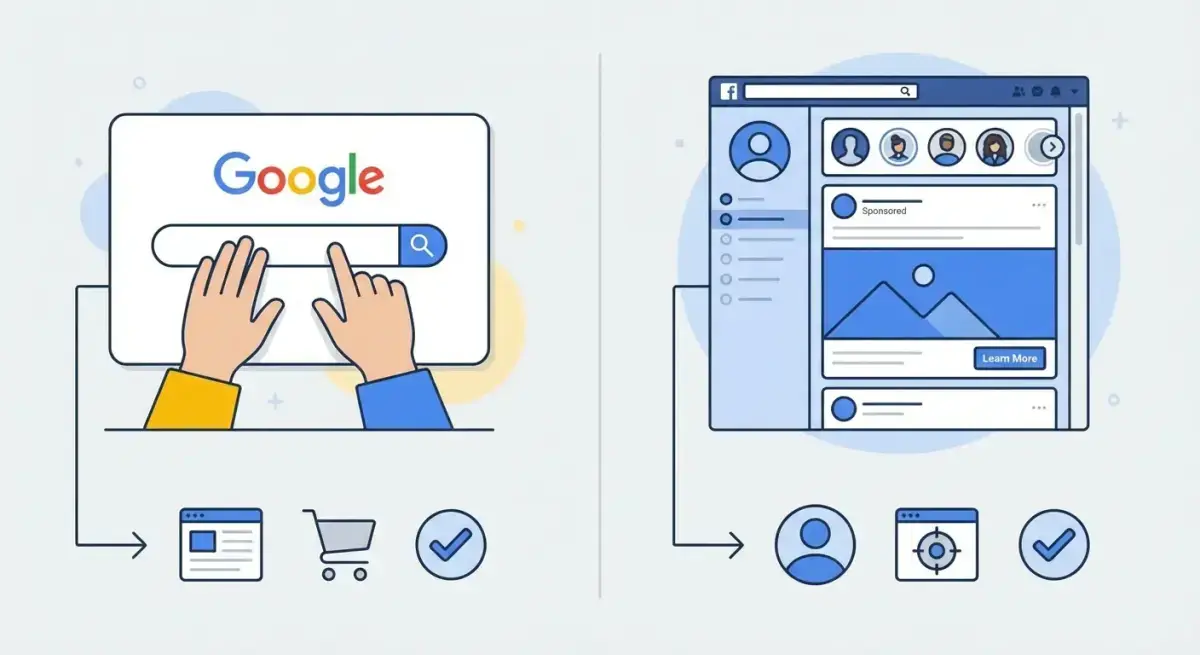 Diagram comparing intent-based advertising on Google Search with interest-based advertising on Facebook