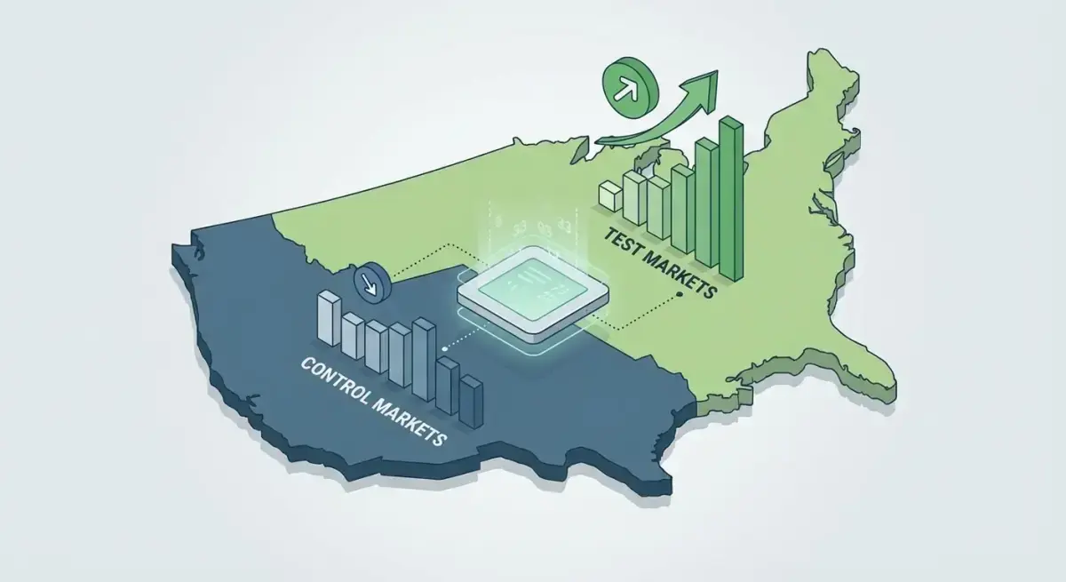 Map showing geographic lift test design with test markets in green and control markets in blue with performance comparison