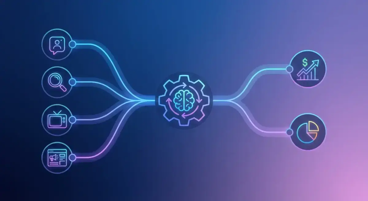 Flow diagram showing media mix modeling process from multiple channel inputs through statistical analysis to ROI curves and budget allocation