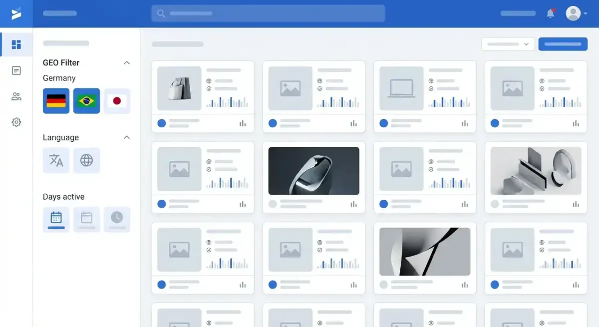 Ad intelligence dashboard with GEO and language filters applied showing ad creatives from a specific country market