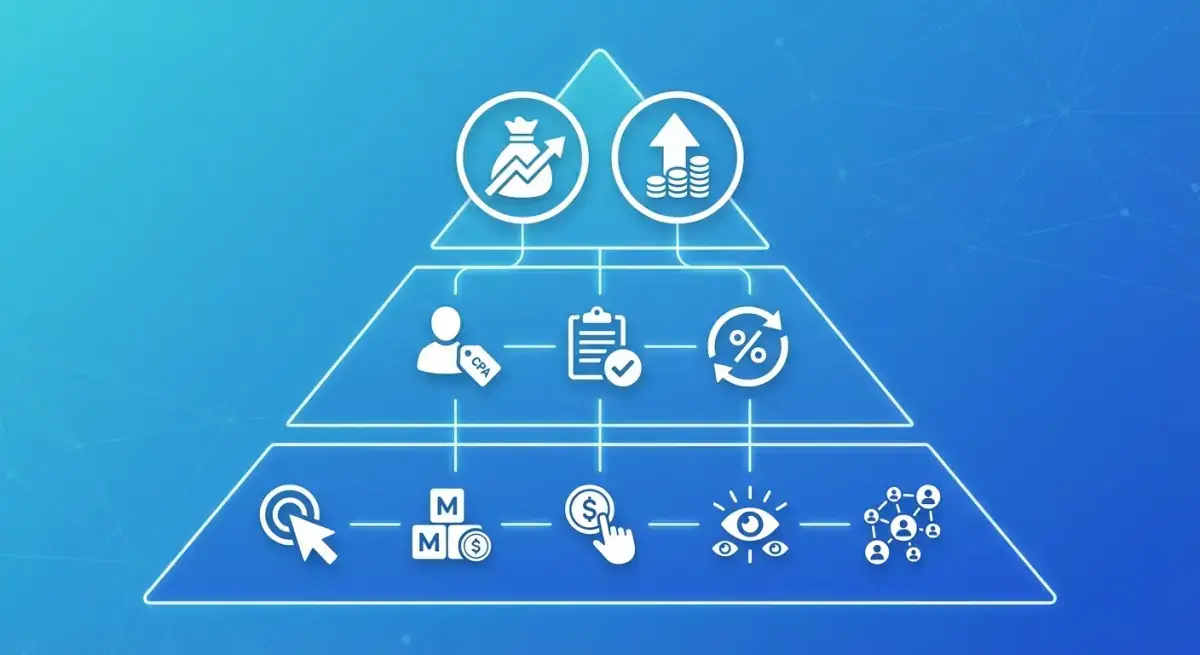 Media buying KPI hierarchy pyramid showing ROAS and revenue at the top, CPA and conversion rate in the middle, and CTR, CPM, and impressions at the base