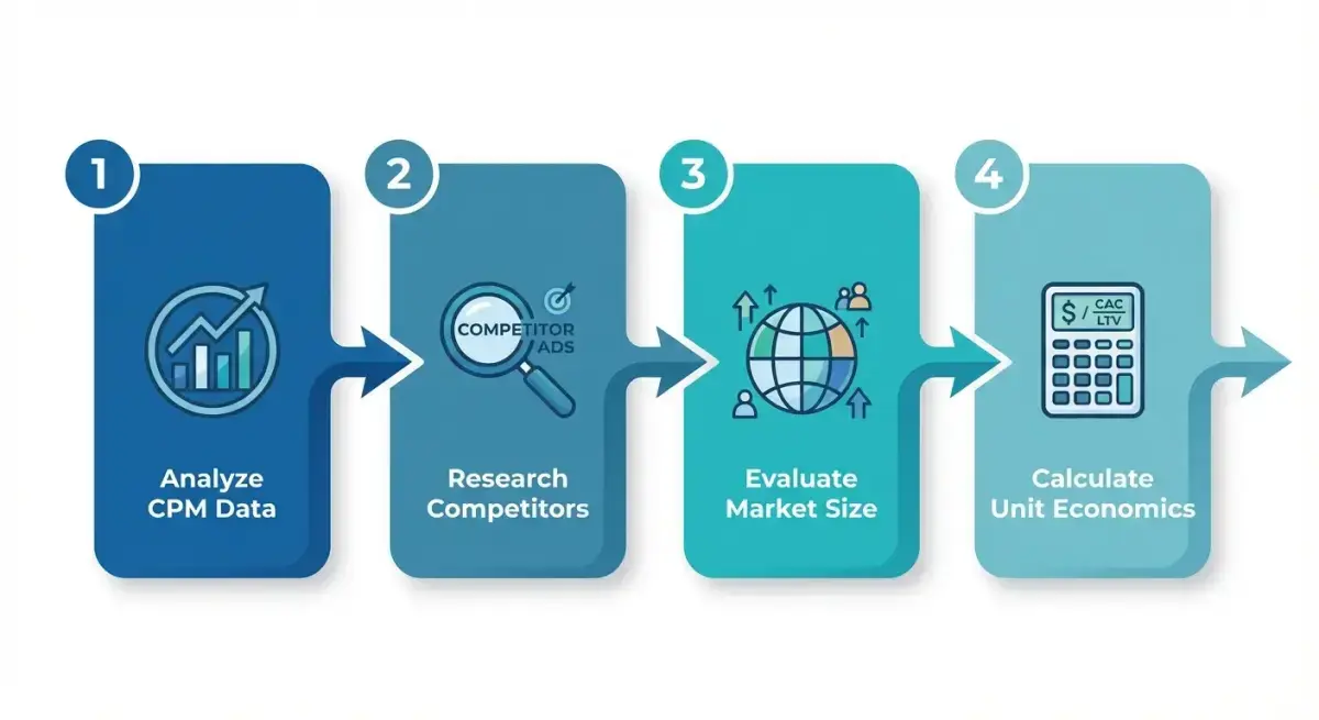 Decision framework flowchart for GEO expansion showing CPM, competition, and market size evaluation steps