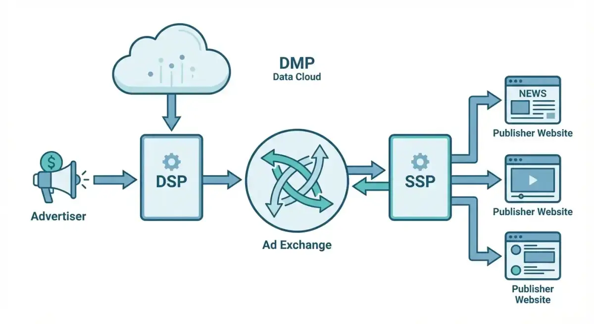 Diagram showing the programmatic advertising ecosystem with DSPs, SSPs, ad exchanges, and data management platforms connected in a bidding flow