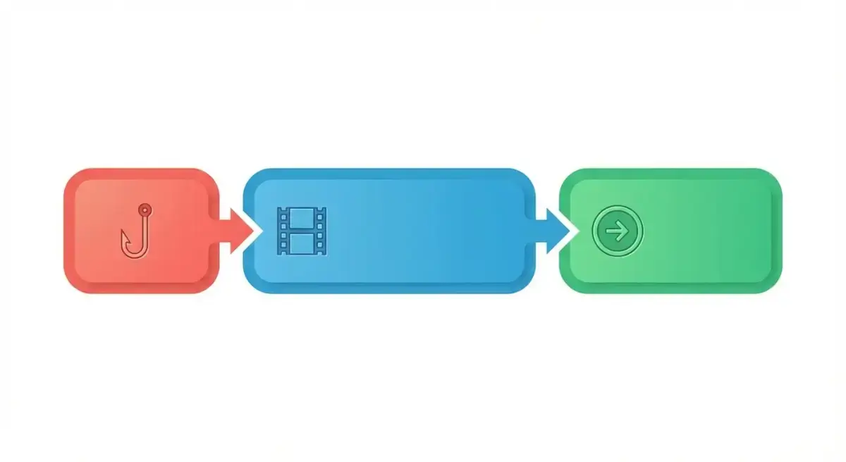 Creative framework diagram showing the three-part video ad structure: Hook (0-3s), Body (3-20s), and CTA (final 5s) with key elements for each phase