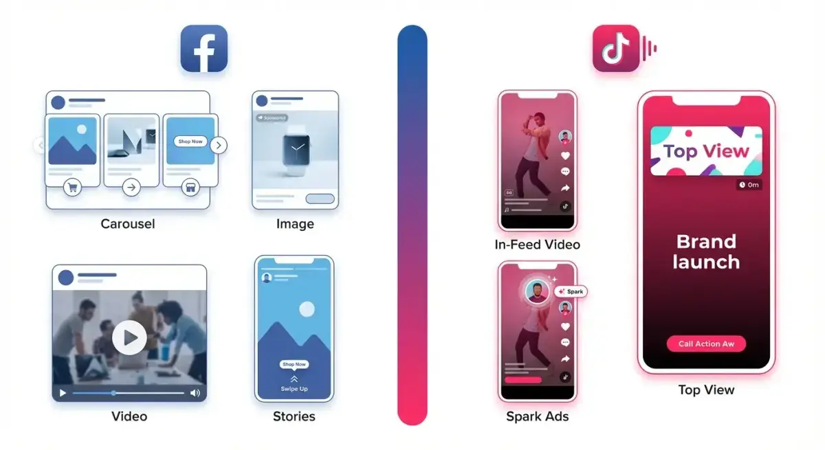 Side-by-side comparison of Facebook ad formats (carousel, image, video, stories) versus TikTok ad formats (in-feed video, spark ads, top view)