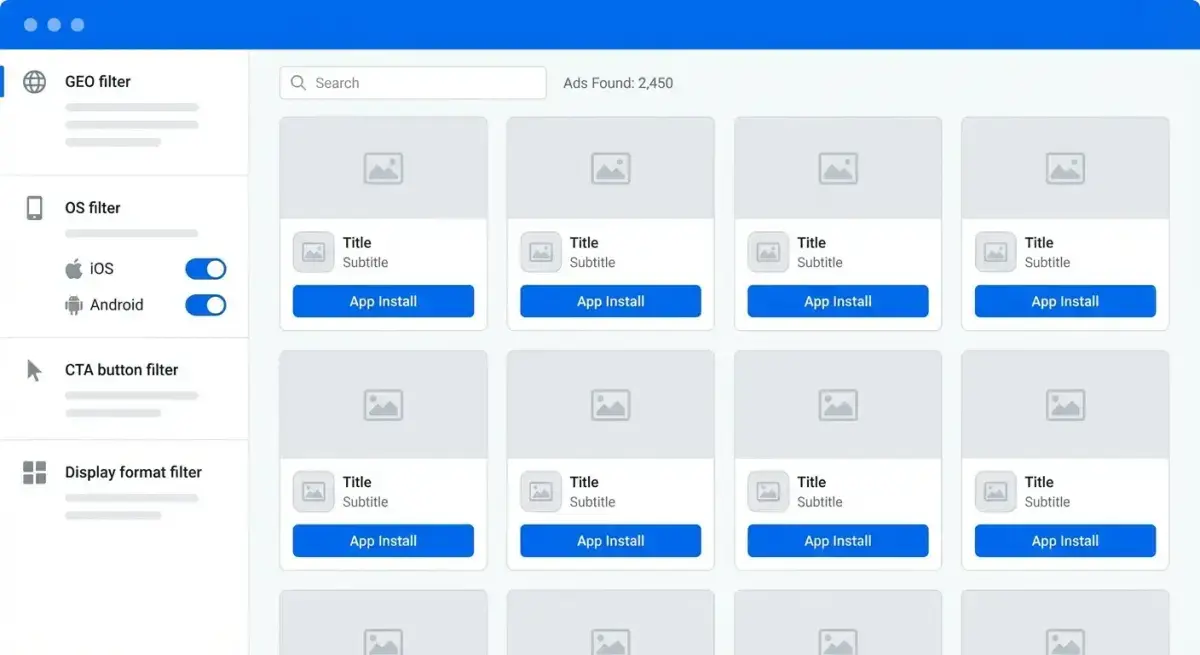 Интерфейс Adligator с фильтрами для поиска рекламы мобильных приложений: фильтр по ОС, формату и кнопке CTA