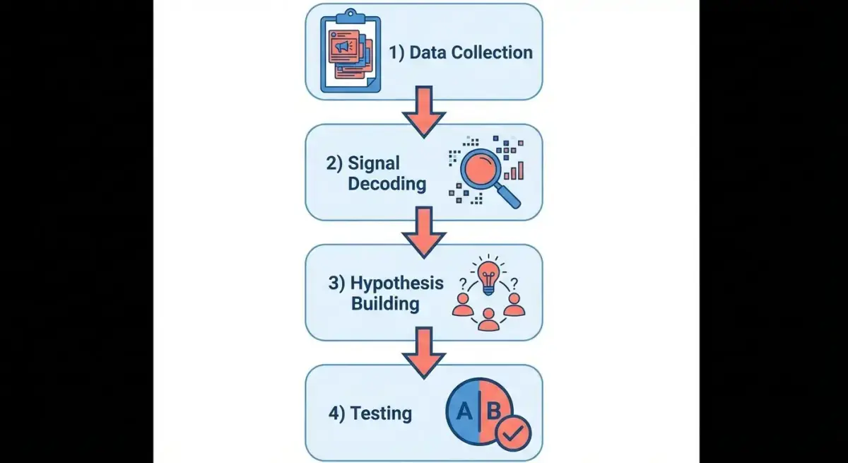 Пошаговый workflow анализа аудитории конкурентов: сбор данных, декодирование сигналов, построение гипотез, тестирование