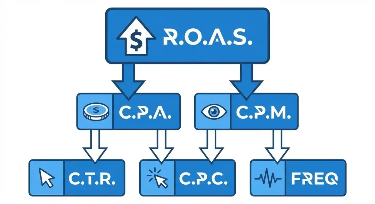 Иерархия KPI метрик медиабаинга: ROAS как главный показатель, CPA и CPM как вторичные, CTR и CPC как поддерживающие