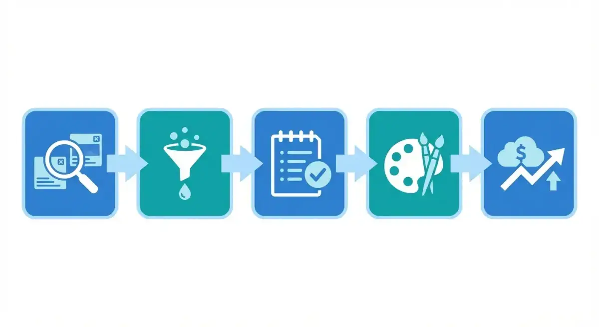 Схема пошагового workflow анализа креативов конкурентов для e-commerce: от поиска до масштабирования