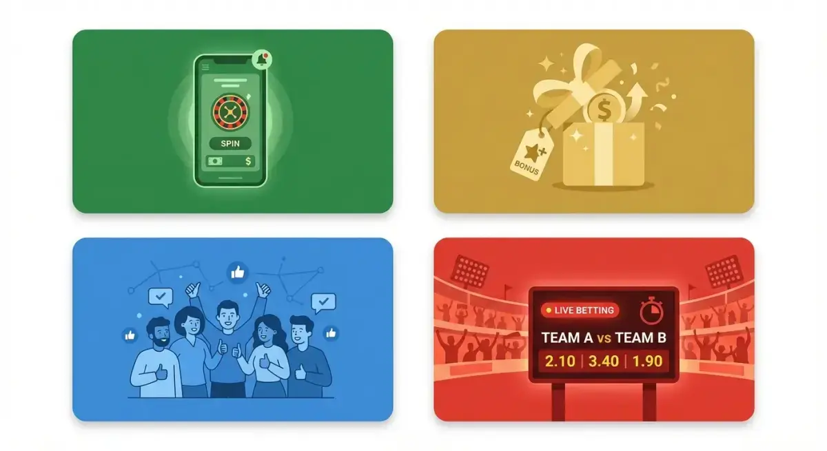 Инфографика с типами креативов для гемблинг-рекламы: демо приложения, бонусные предложения, социальное доказательство, live-ставки