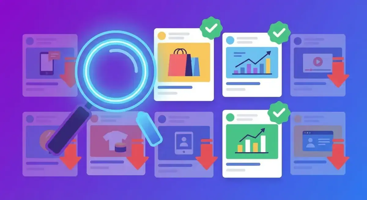 Процесс конкурентного мониторинга рекламы с лупой над сеткой рекламных креативов и индикаторами эффективности