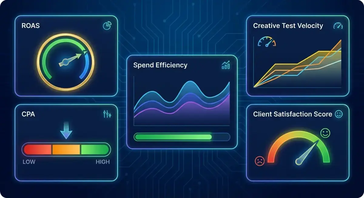 Дашборд KPI медиабайера: ROAS, CPA, скорость тестирования креативов, эффективность бюджета