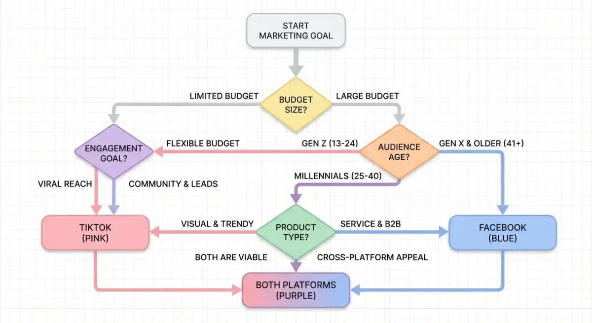Матрица принятия решений для выбора между TikTok и Facebook в зависимости от бюджета и ЦА