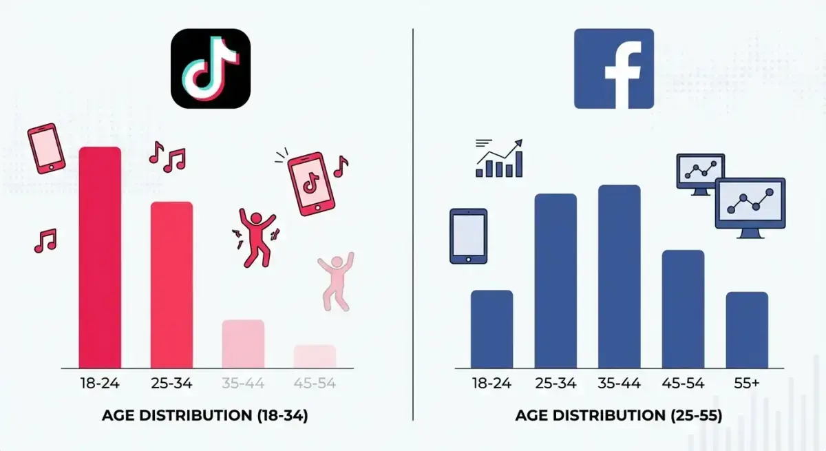 Сравнение демографии аудиторий TikTok и Facebook: возрастное распределение пользователей