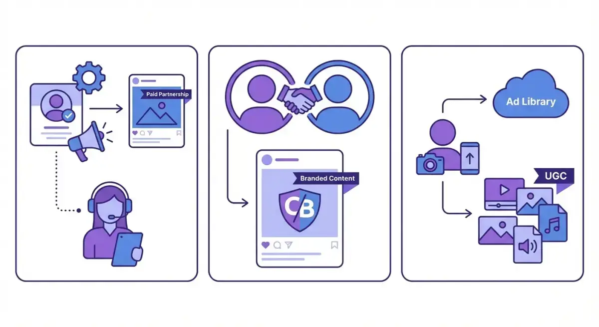 Схема трьох моделей співпраці з інфлюенсерами: whitelisting, branded content та UGC для Facebook Ads
