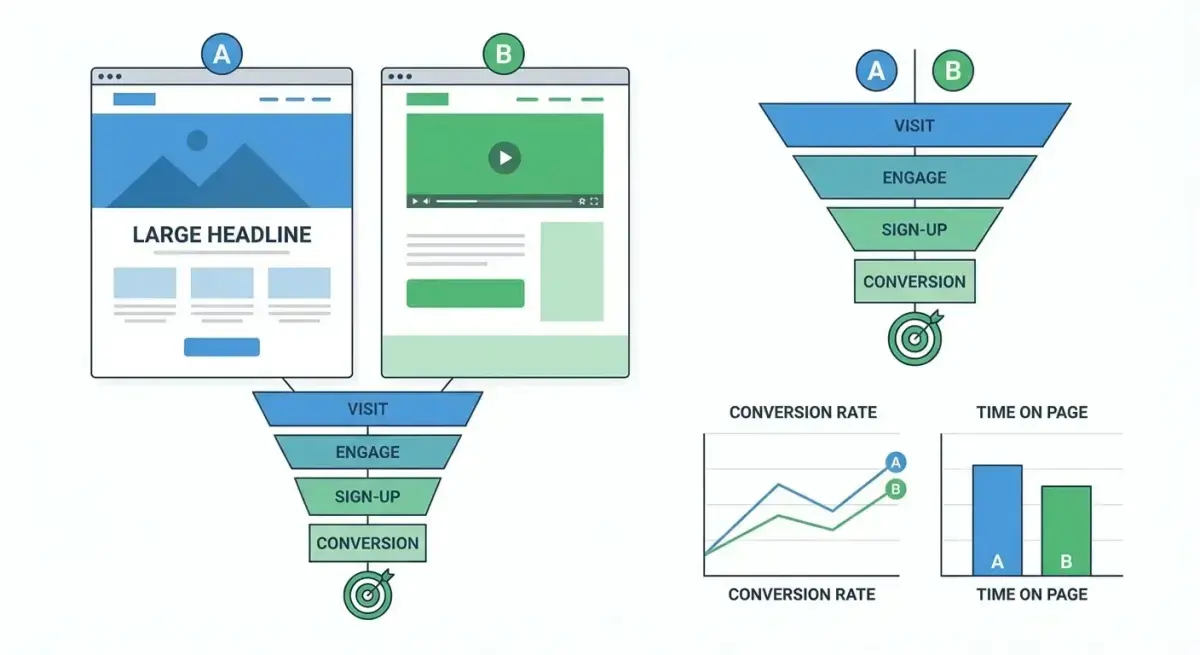 Схема A/B тестування лендингів з порівнянням варіантів та аналізом результатів конверсії