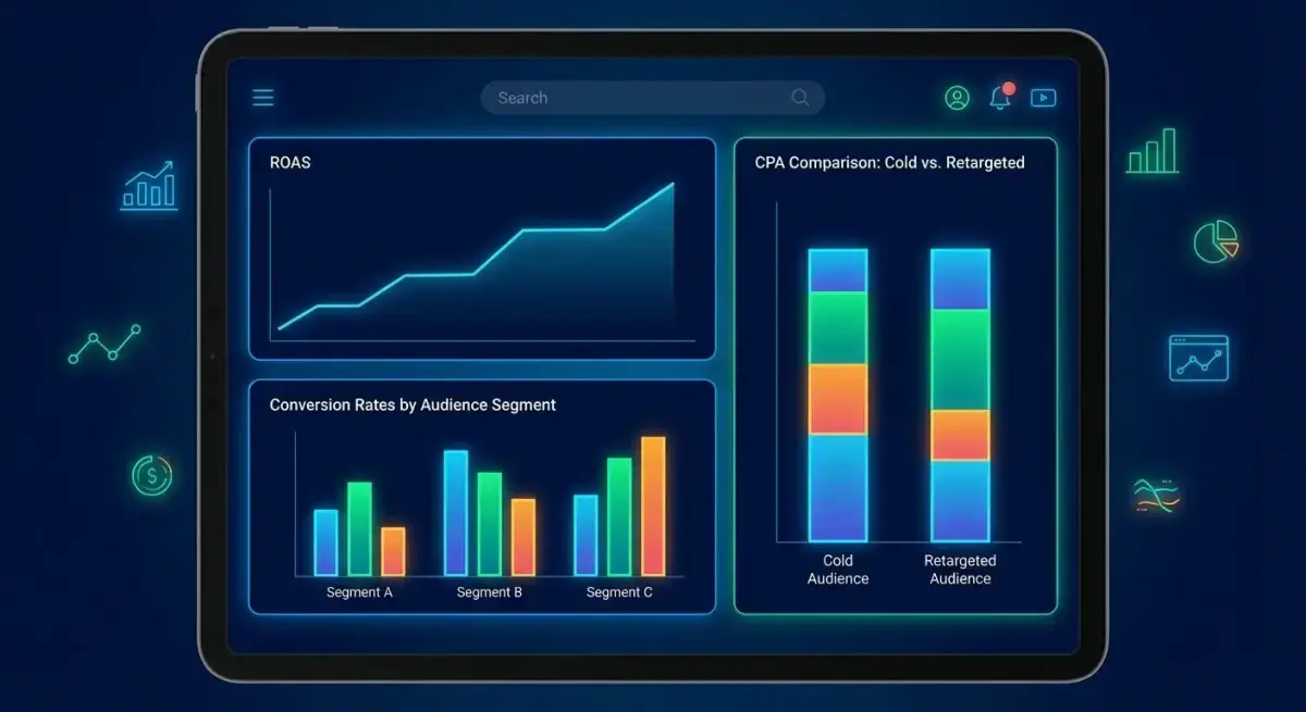 Дашборд метрик ретаргетингової кампанії: ROAS, конверсія за сегментами, вартість залучення