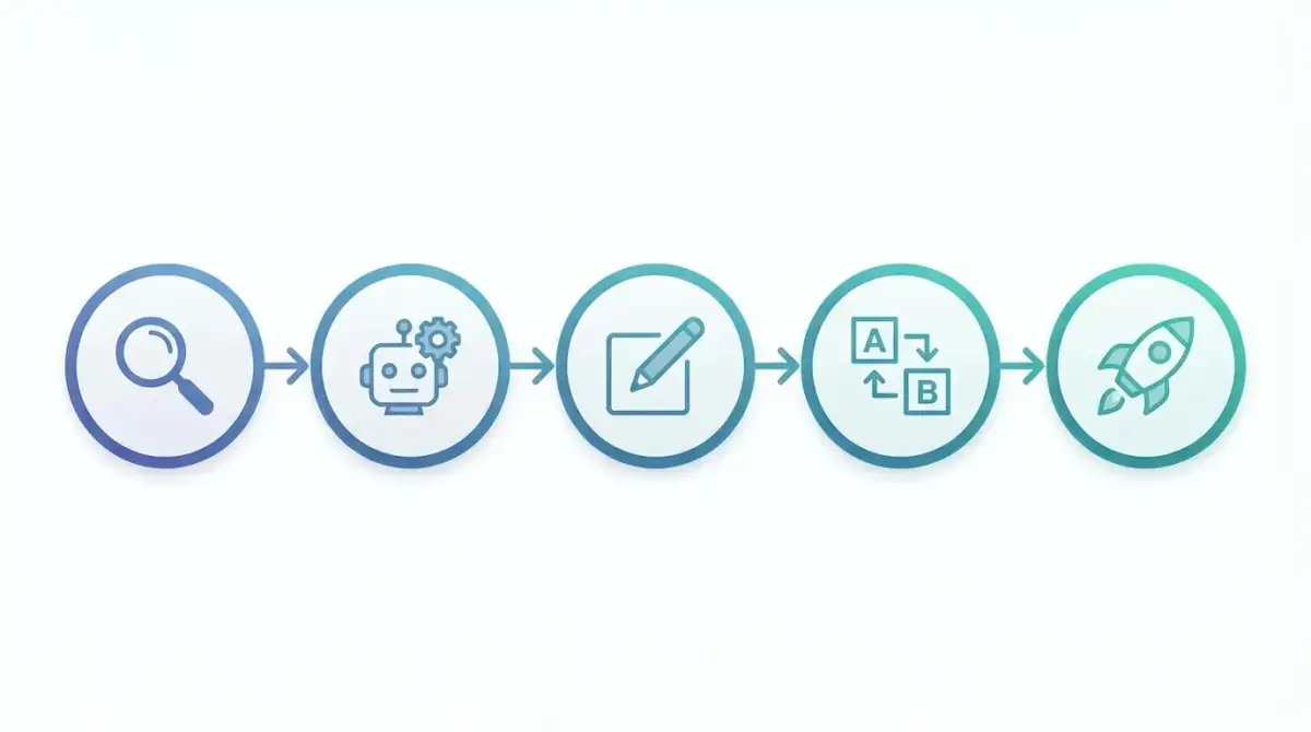 Step-by-step AI ad copywriting workflow diagram showing competitor research, AI generation, editing, and testing phases
