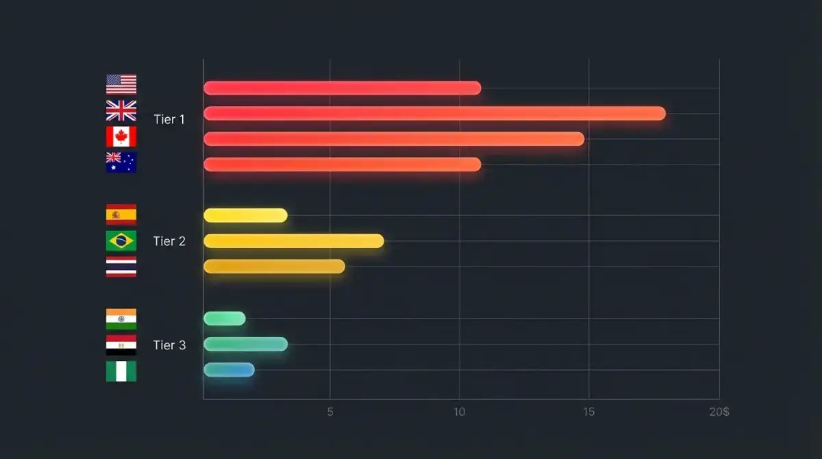 Comparison chart showing Facebook ads CPM by country across Tier 1, Tier 2, and Tier 3 markets in 2026