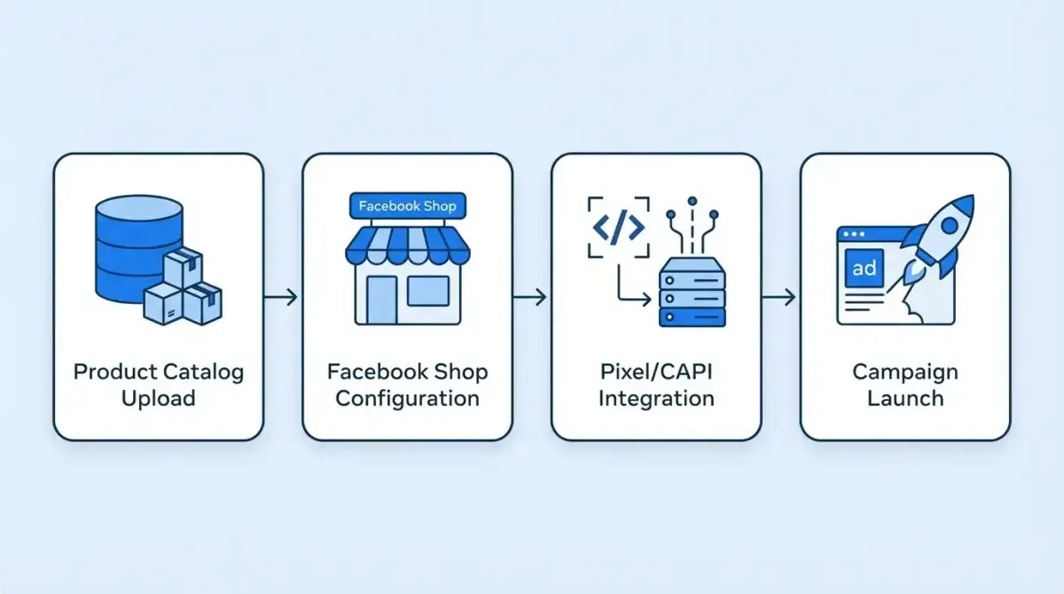 Схема процесса настройки Facebook Commerce Manager: загрузка каталога, настройка магазина, интеграция пикселя и запуск кампаний