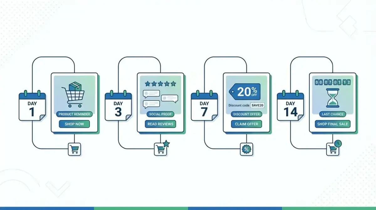 Таймлайн послідовності ретаргетингових оголошень: від нагадування про товар до фінальної пропозиції зі знижкою