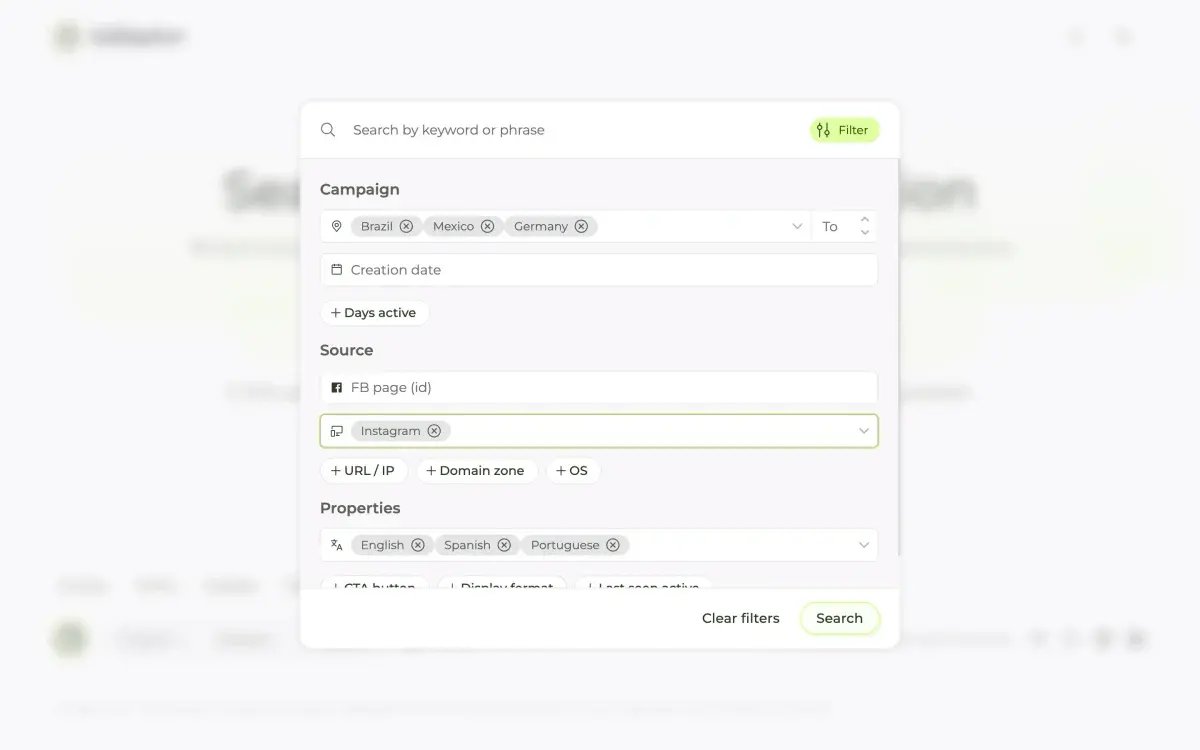 Adligator country multi-select filter showing advertisers by delivery country