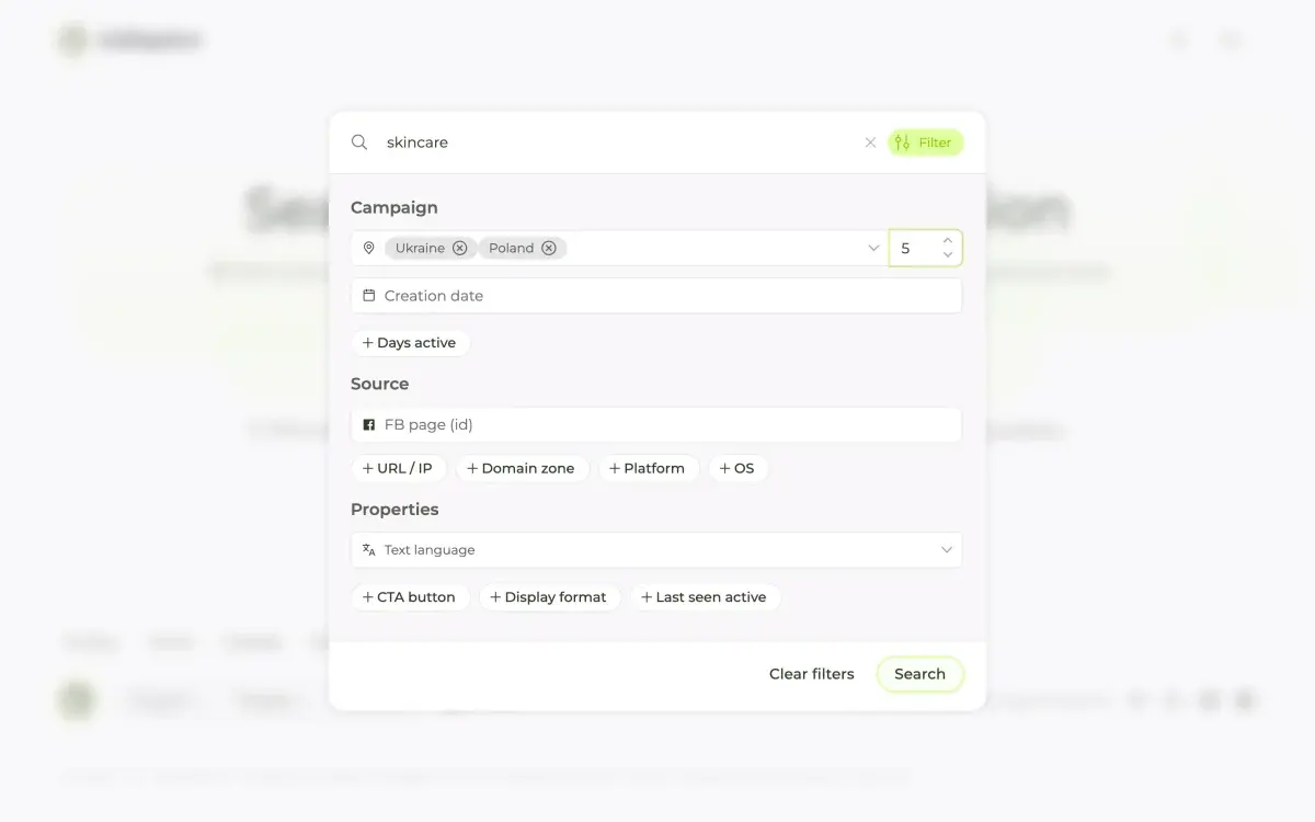 Adligator GEO filter with a maximum-countries cap to isolate ads running in only a few markets