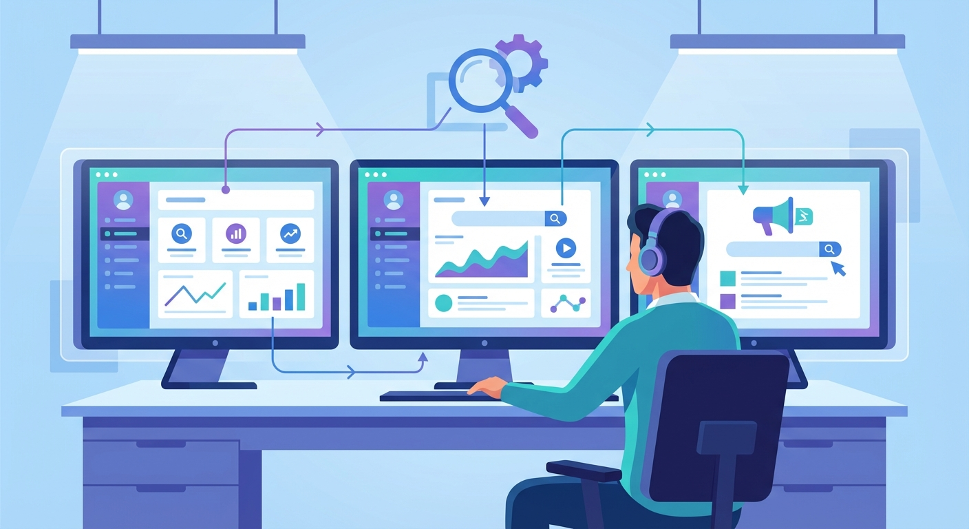 Media buyer comparing ad spy tool dashboards for competitive intelligence workflow