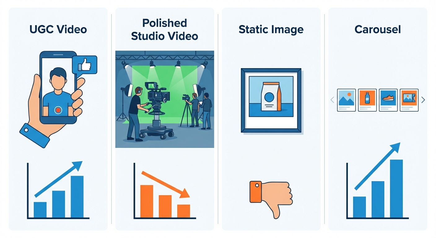 Side-by-side comparison of UGC video, polished video, static image, and carousel ad formats with performance indicators