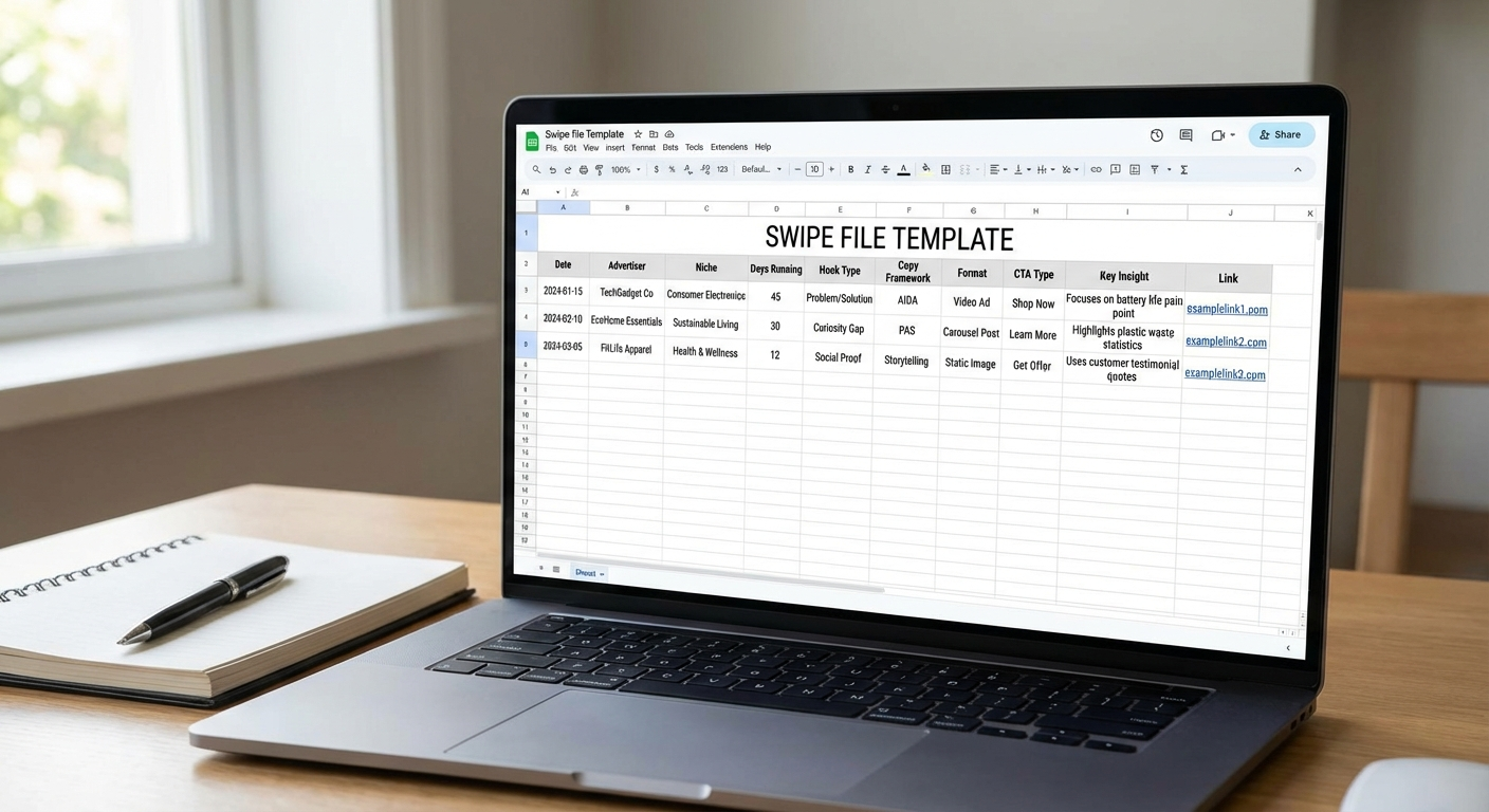 Swipe file organization template with columns for hook type, copy angle, format, CTA, and performance signals