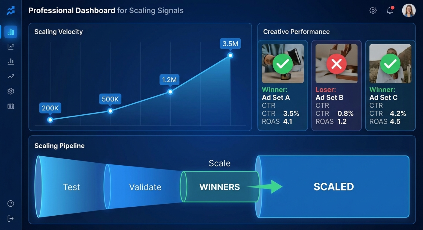 Dashboard showing scaling signals with budget growth chart and creative performance cards