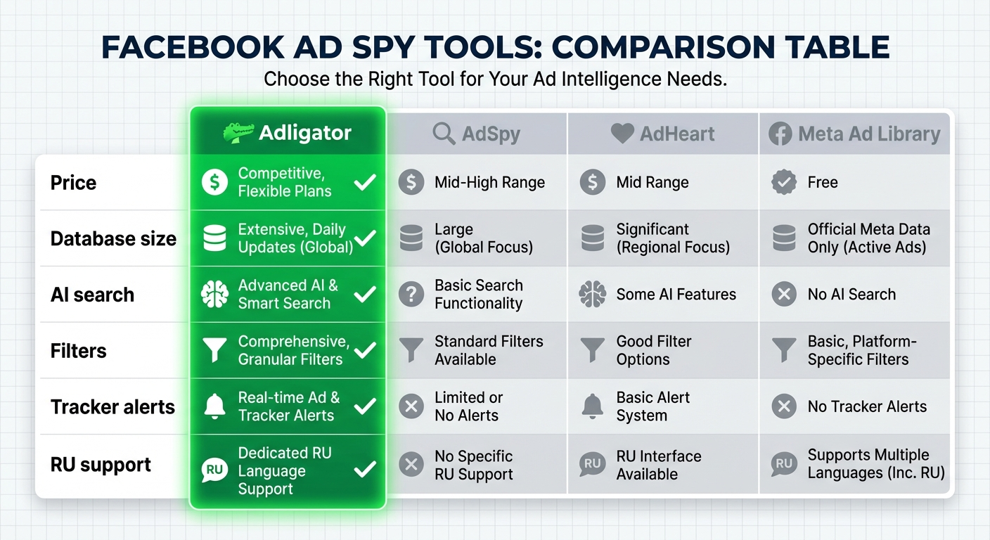 Сравнительная таблица spy-инструментов: Adligator, AdSpy, AdHeart, Meta Ad Library