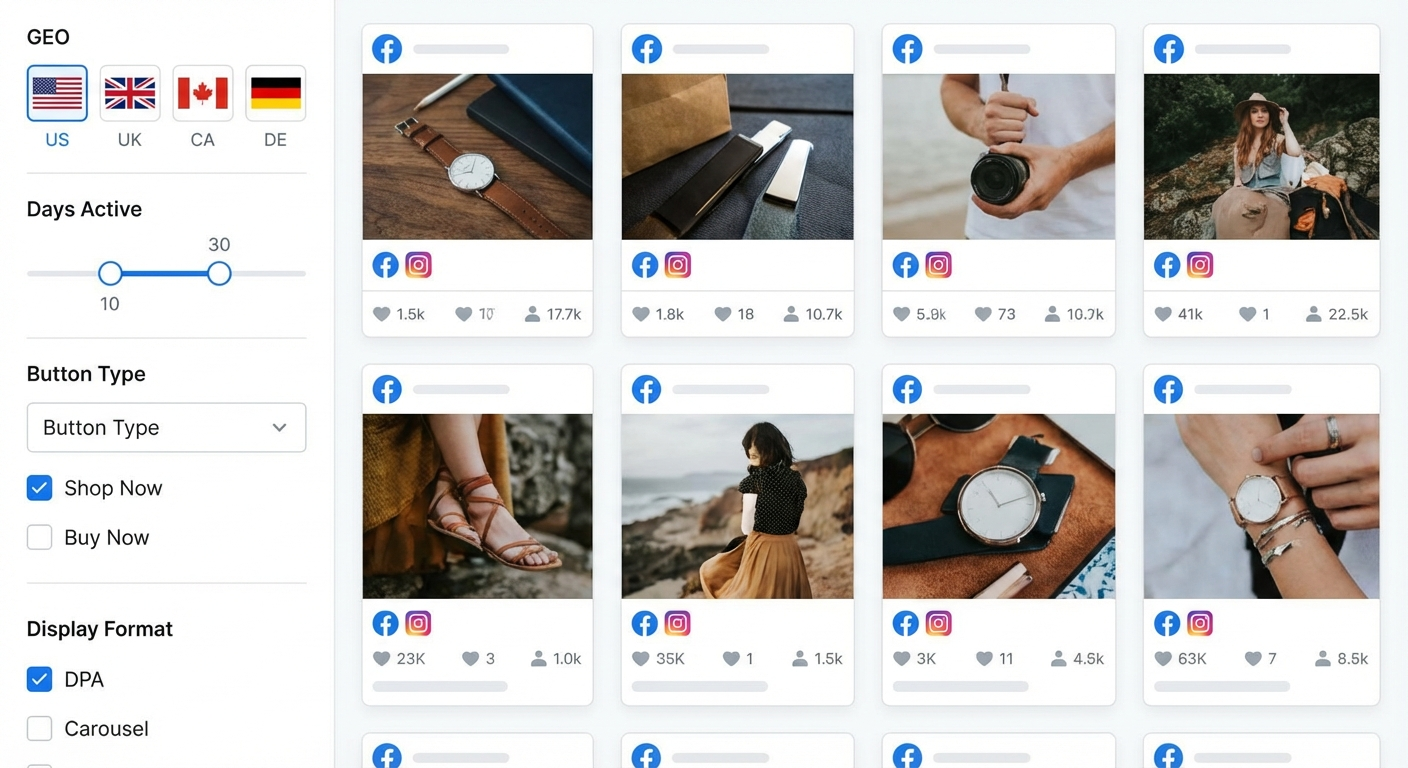 Панель фильтров Adligator для поиска ретаргетинговой рекламы