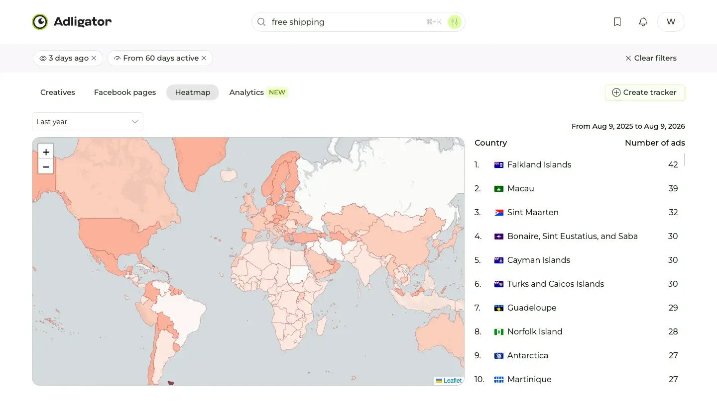 Adligator heatmap of long-running free shipping ads with Falkland Islands, Macau and Antarctica in the top delivery locations