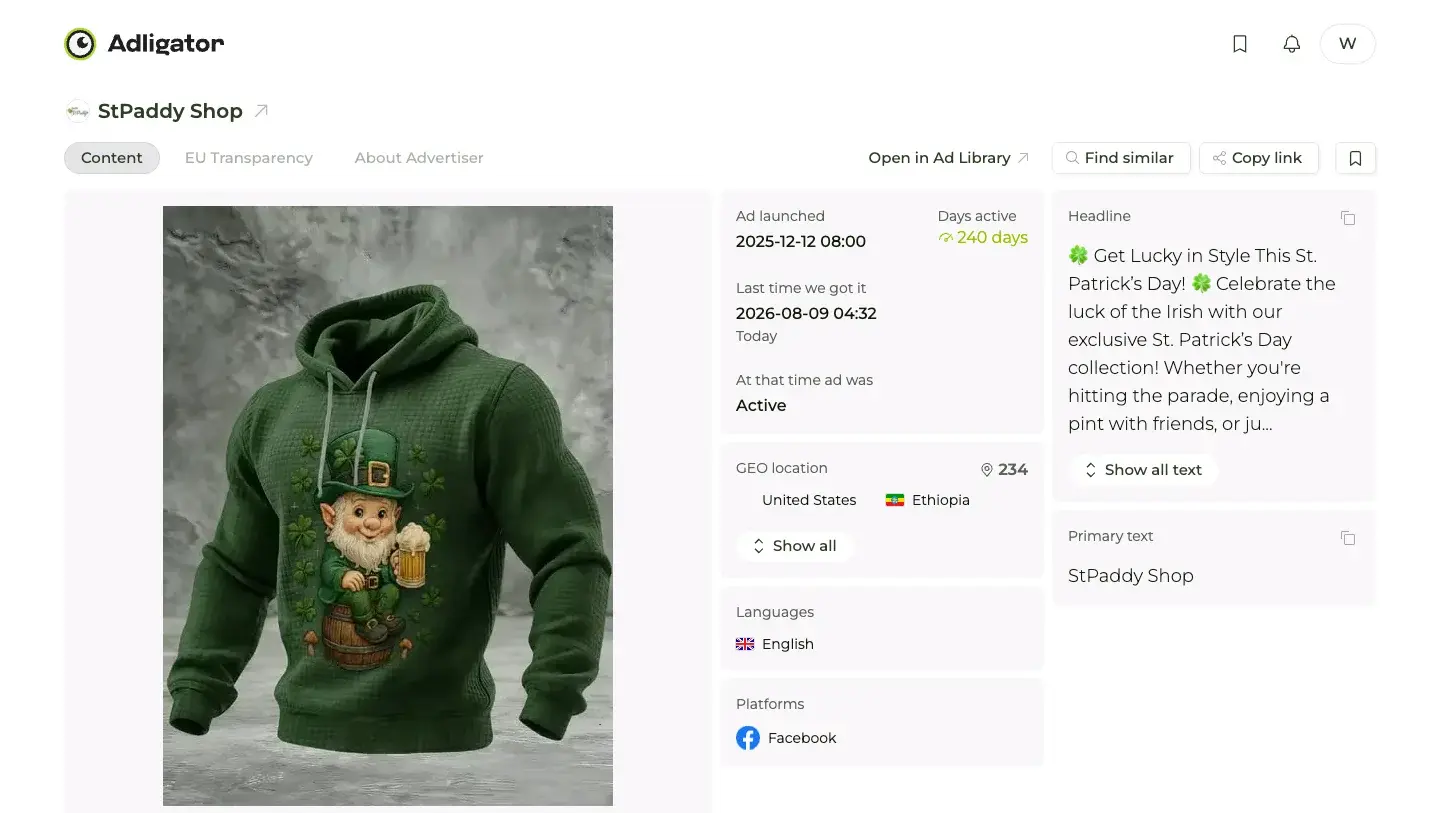 Adligator ad detail page showing a St. Patrick's Day hoodie ad active for 240 days across 234 countries