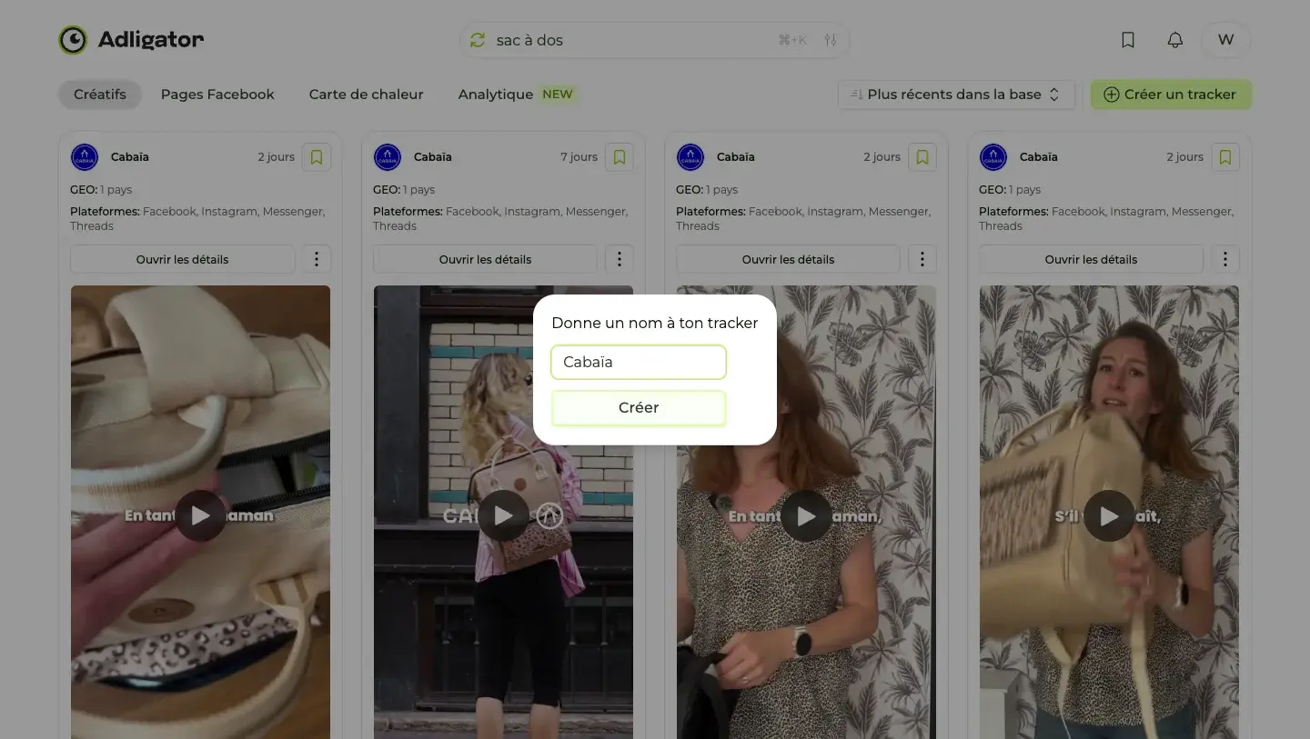 Fenêtre de création d'un tracker de publicités Facebook dans Adligator